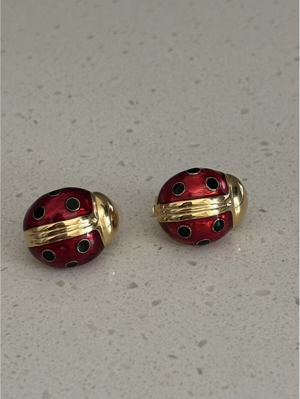 Joan Rivers Gold Tone Red Enamel Lady Bug Chunky Earrings Clip On - Picture 3 of 4